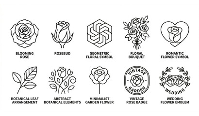 Fototapeta premium Rose and Floral Logo Elements Set: Minimalist Line Art Flower Icons and Wedding Emblems