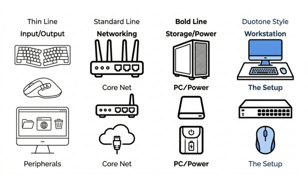 Computer Hardware and Networking Icon Set: Computer Setup, Peripherals, and Power Devices in Various Line Styles