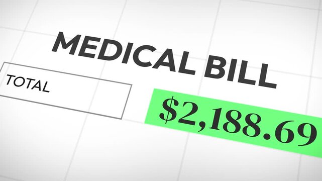 Medical bill shown against financial numbers and healthcare cost concept illustration, 4k animation