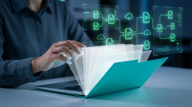 Digital document management and workflow visualization with glowing interface, showcasing data organization and cloud integration, efficient information processing and business technology.
