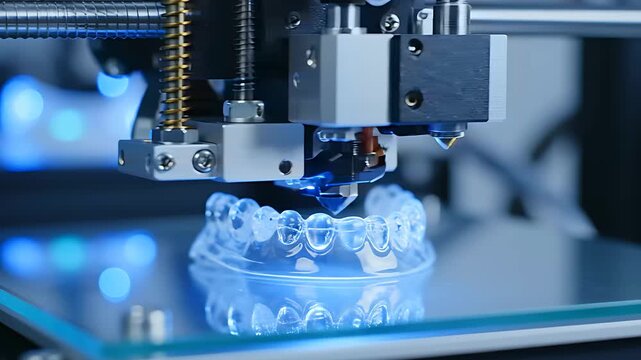 3D printer manufacturing a clear dental aligner model. High-tech additive manufacturing in a digital dentistry lab. Modern orthodontic innovation concept, ideal for medical tech marketing.