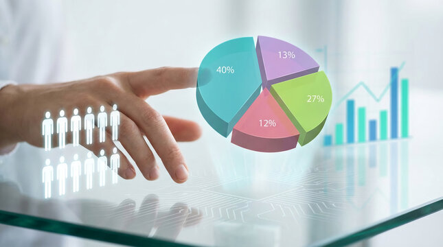 Hand interacting with futuristic interface showing pie chart and bar graph, symbolizing data analysis, business intelligence and digital transformation
