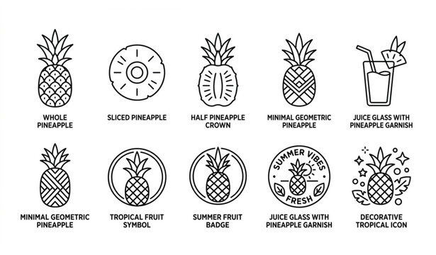 Minimalist Pineapple and Tropical Fruit Line Icon Set - Geometric Pineapple Slices, Summer Juice Glass, and Fresh Fruit Emblem Vectors