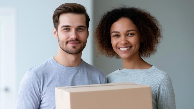 Couple smiling while carrying boxes into their new apartment, fresh beginning and moving day concept