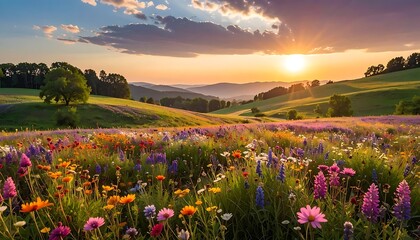 Fototapeta premium Vibrant wildflower meadow at sunset landscape.