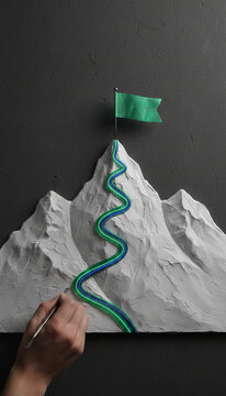 Sculpted mountain with a winding path leading to a flag, symbolizing achievement and perseverance, against a dark textured background