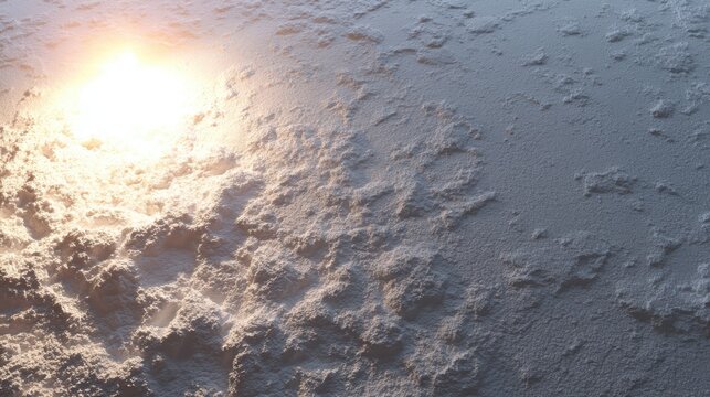 Sunlight illuminates a snowy landscape, casting a warm glow on the white snow and creating a textured surface.