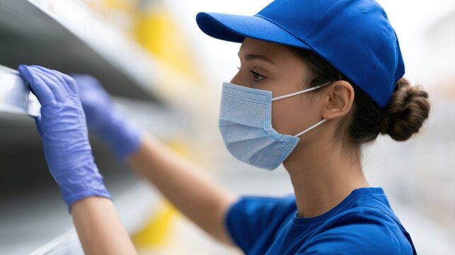 Grocery store employee restocking shelves during panic buying situation