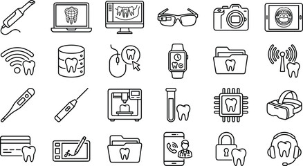 Fototapeta premium Digital Dentistry and Smart Dental Technology Line Icon Set Featuring Intraoral Scanner 3D Printing CAD CAM Telehealth VR and Wireless Database Symbols for Apps