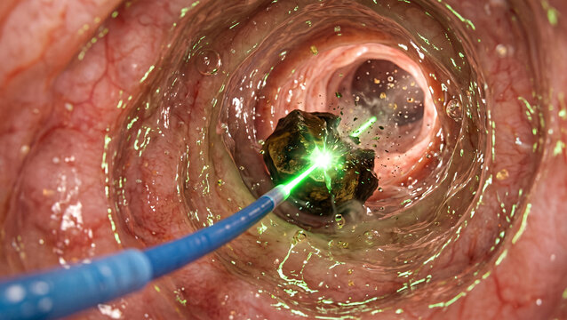 Endoscopic Macro View of Green Laser Lithotripsy Shattering Stone