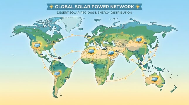 Global Solar Power Network Infographic Illustrating Desert Solar Regions And Sustainable Energy Distribution Map