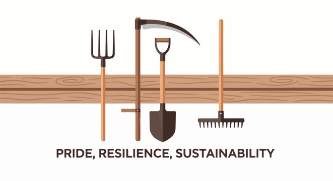 Tools of pride, resilience, and sustainability are displayed on a wooden surface