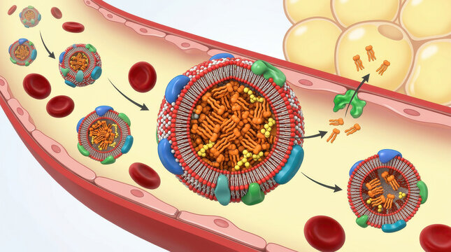 Blood lipid particles transport cholesterol and triglycerides through bloodstream supporting vital metabolic functions and cardiovascular health