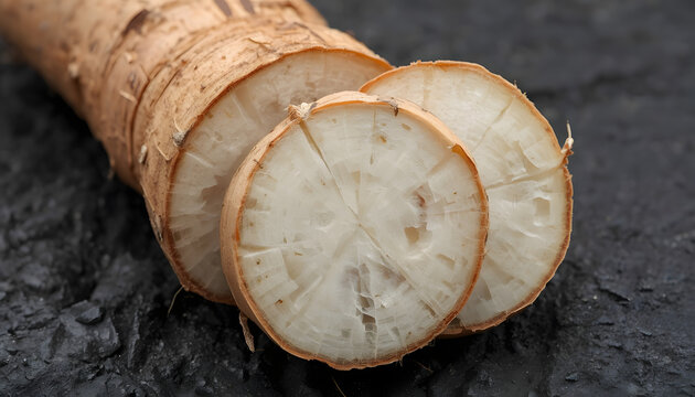 Macro close-up of fresh burdock root, partially sliced, showcasing its unique texture and healthy culinary potential, resting on a dark, rustic surface