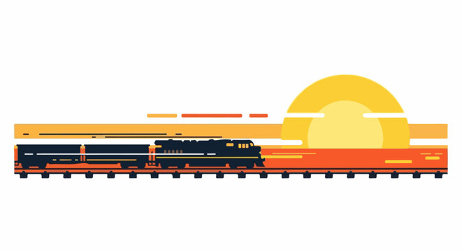 Stylized train travels across a sunset landscape with warm colors