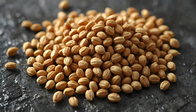 A pile of dried coriander seeds, a common spice used in cooking for flavor and aroma