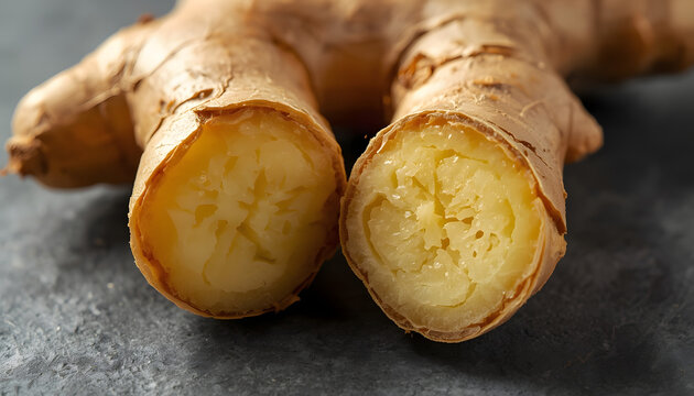 Close-up macro photography of a fresh raw ginger root, artfully cut in half to reveal its fibrous texture and vibrant yellow interior, highlighting its culinary readiness and aromatic qualities agains