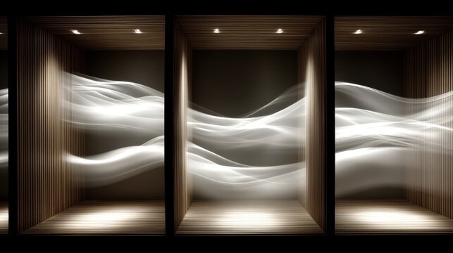A minimalist art installation featuring three identical wooden boxes with a flowing white abstract design.