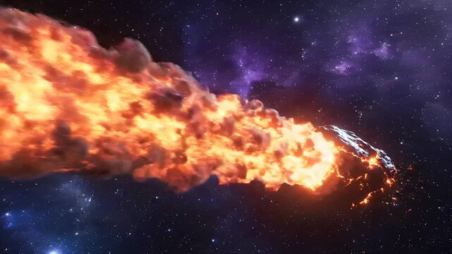 Large burning asteroid falling through deep space with a trail of fire. The celestial object features glowing molten cracks against a nebula. Cosmic event concept for science fiction and research.