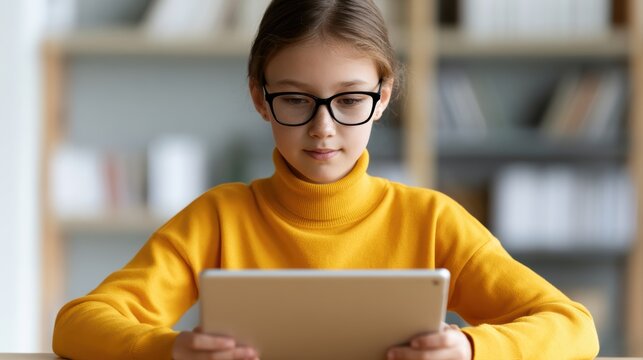 Young girl using tablet while studying in cozy room with bookshelves, educational technology concept