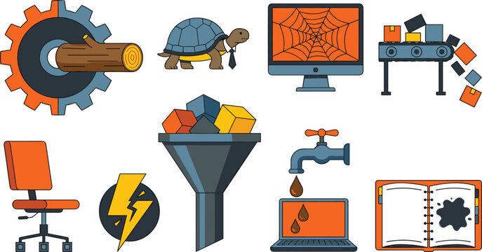 Business Process and Operational Problem Icon Set Featuring Workflow Bottlenecks Slow Performance System Errors Productivity Issues and Industrial Management Vector Collection