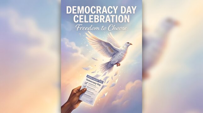 Democracy Day Celebration poster with white dove, freedom to choose concept with voting ballot, symbolic peace bird flying in cloudy sky