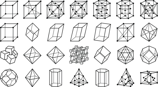 Geometric Crystal Lattice and 3D Polyhedron Line Icon Set Featuring Bravais Lattices Molecular Structures Prism Pyramid and Chemistry Shapes for Science Education