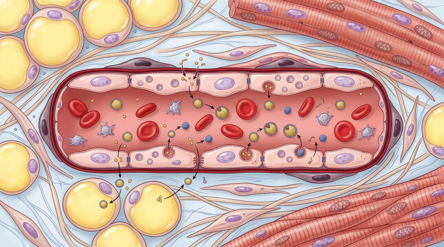 Blood lipid particles and red blood cells flow through blood vessel surrounded by muscle and fat tissue in this detailed medical illustration