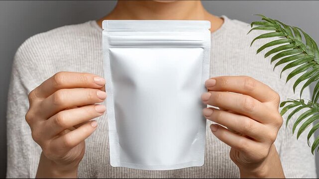 Female holding a blank white packaging pouch with both hands, showcasing its front design against a neutral background with a green plant nearby