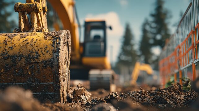 Yellow excavator bucket covered in mud at construction site, heavy machinery close up.