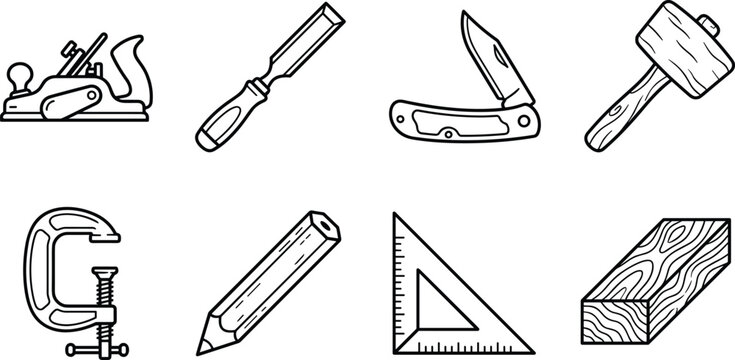 Woodworking and Carpentry Hand Tool Line Icon Set Featuring Jack Plane Chisel Mallet G Clamp Pencil and Lumber Symbols for Craft and Construction Projects