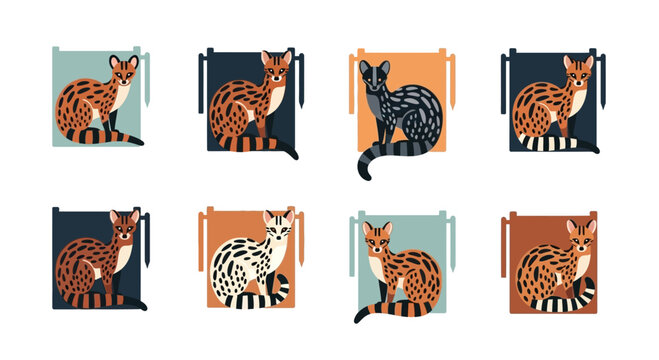 Set of Cute Spotted Genet Illustrations on Colorful Backgrounds