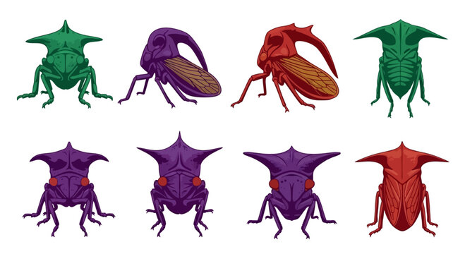 Set of Colorful Treehopper Insects Pixel Art Collection