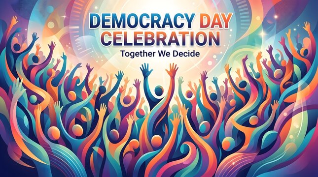 Democracy Day Celebration banner with diverse crowd, colorful abstract people silhouettes, Together We Decide concept for voting and civic engagement