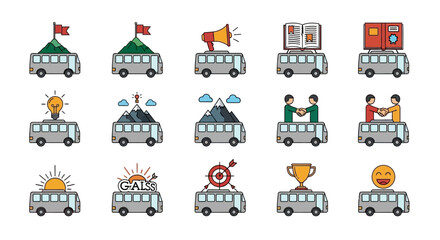 Naklejka premium Business Concepts Icons on Buses: Goals, Teamwork, Success, Ideas, and Growth