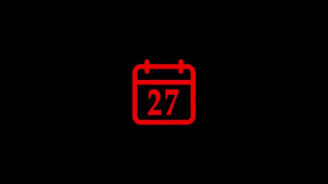 Red Modern calendar icon animation showing date number 27 on Clean and minimal design concept suitable for interface design, schedule reminder, date countdown, or digital clock display