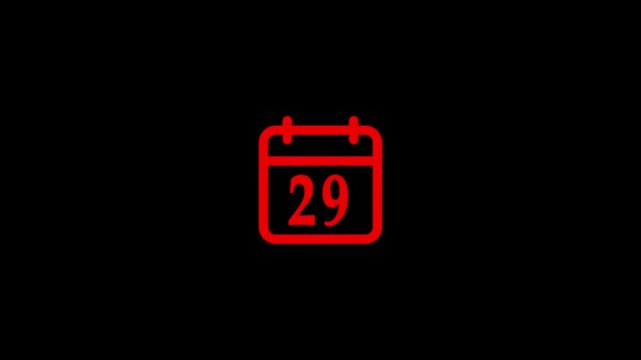 Red Modern calendar icon animation showing date number 29 on Clean and minimal design concept suitable for interface design, schedule reminder, date countdown, or digital clock display