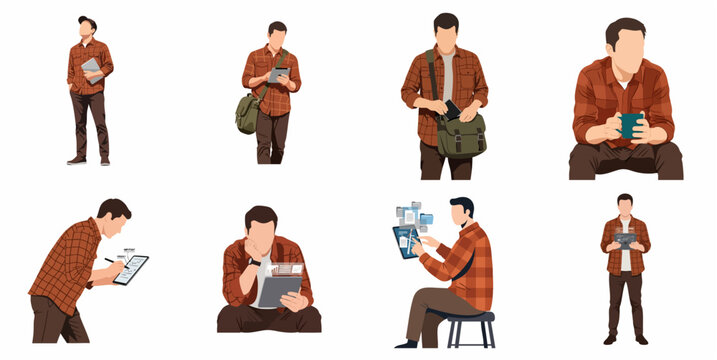 Vector flat illustration collection of a man in a plaid shirt using tablet and laptop in various poses