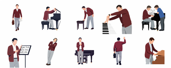 Set of flat vector illustrations of a professional male piano teacher and pianist in various poses including teaching, playing, and practicing music © Grafina