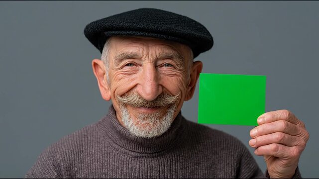 Elderly man with gray beard and black beret holds green square card, smiling warmly against a gray background, showcasing a friendly demeanor and engaging expression