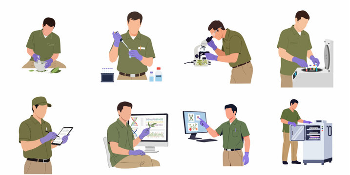 Set of Professional Scientist and Botanist Characters Conducting Laboratory Research and Plant Analysis