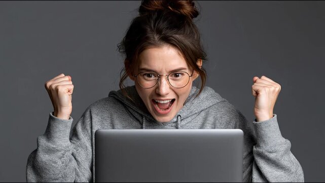 Young woman with brown hair in gray hoodie celebrates success with raised fists in front of laptop, showing excitement and joy in a neutral indoor setting