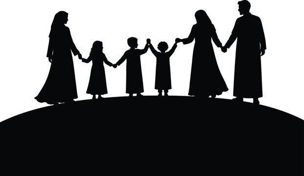 Community teamwork silhouette illustration showing diverse people holding hands together promoting support leadership and social unity