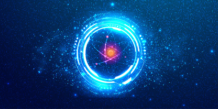 Atomic structure with electrons orbiting a glowing nucleus on a blue digital background science and technology concept.