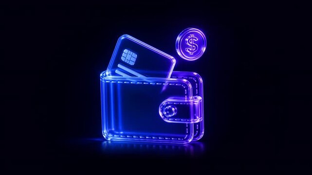 Glass Wallet Credit Card Dollar Coin Neon 3D Render