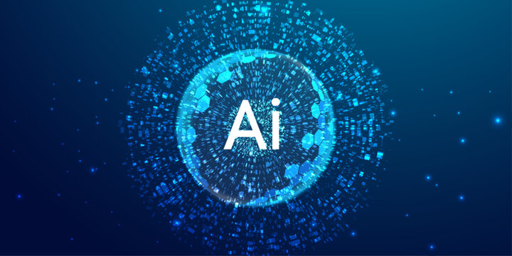 Abstract artificial intelligence concept with glowing blue sphere of digital particles and binary data.