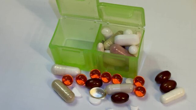 Green pillbox with scattered supplement capsules. Closeup view of translucent green container open on white surface, assortment