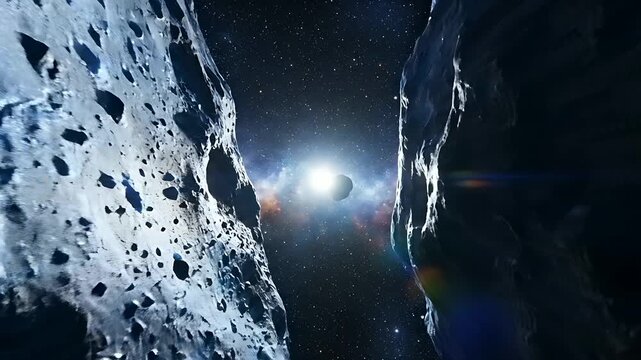 Massive asteroids floating in deep space near a bright sun. Cinematic view of rugged meteorites against a colorful nebula and starry galaxy. Astronomy concept for science fiction and education.