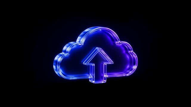 Glass Cloud Upload Neon Blue Dark Background 3D Render