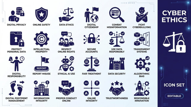 Cyber ethics icon set infographic for digital security and online safety concepts
